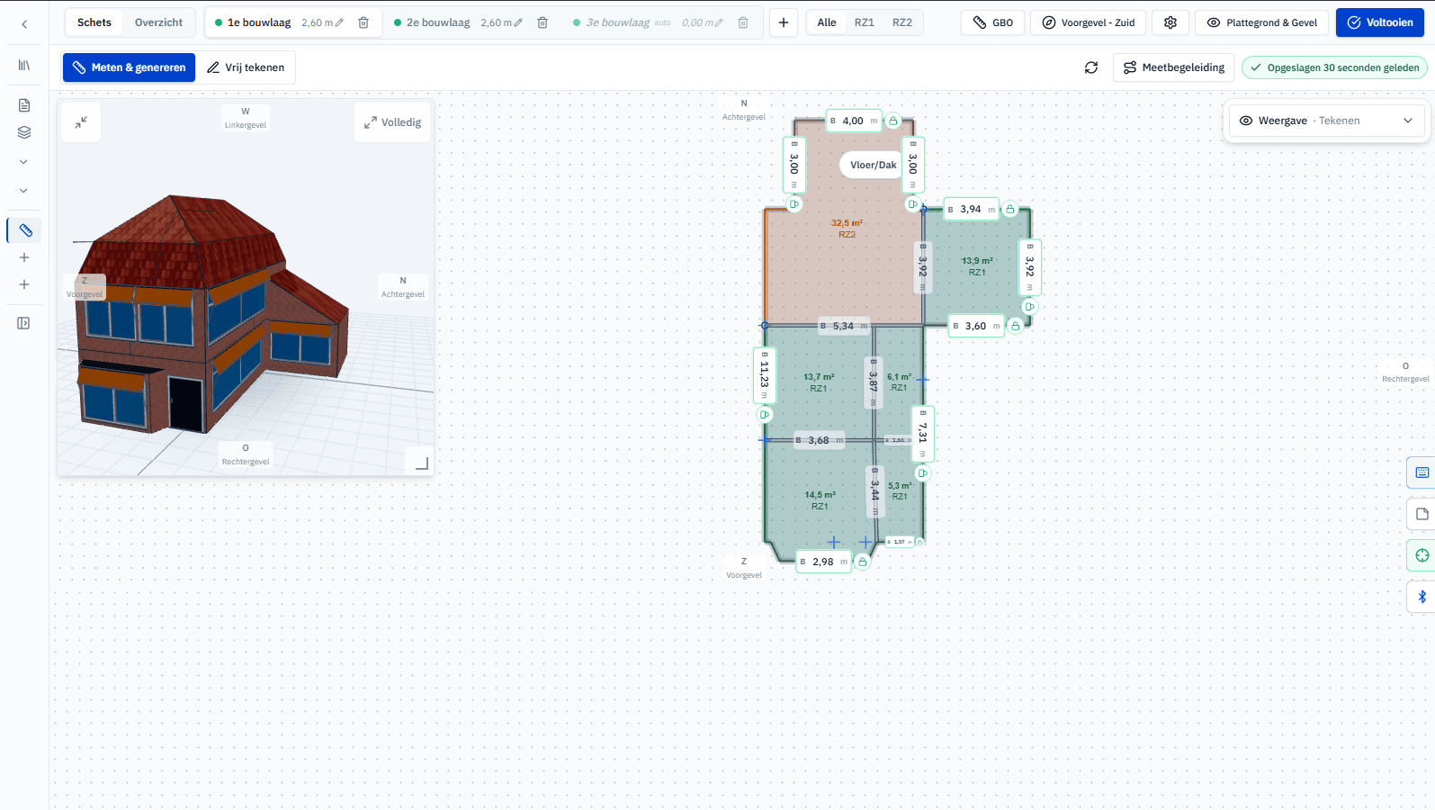 De tekentafel van LabelLogic: een plattegrond met maatvoering en het 3D-model van de woning