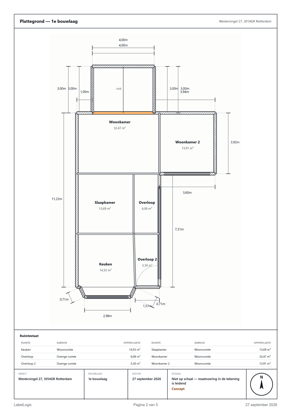 Meetrapport NEN 2580: plattegrond van de eerste bouwlaag met ruimtestaat